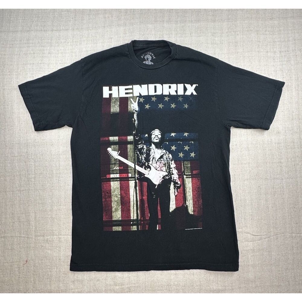 2015 Authentic Jimi Hendrix USA American Flag Peace Black T Shirt Mens Large